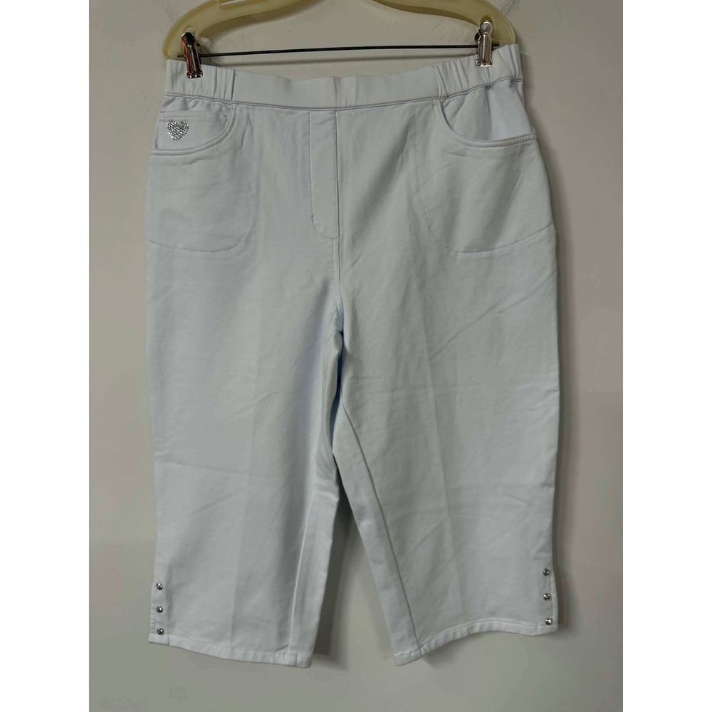 Quacker Factory Womens Large White Capri DreamJeannes Rhinestone Heart Cropped